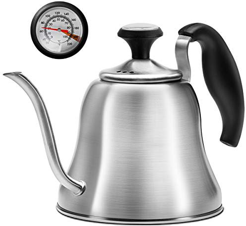 Chefbar Tea Kettle with Thermometer for Stove Top Gooseneck Kettle, Pour Over Coffee Kettle, Goose Neck Tea Pot Stovetop, Hot Water Heater for Camping, Home & Kitchen, Stainless Steel - Small 28oz