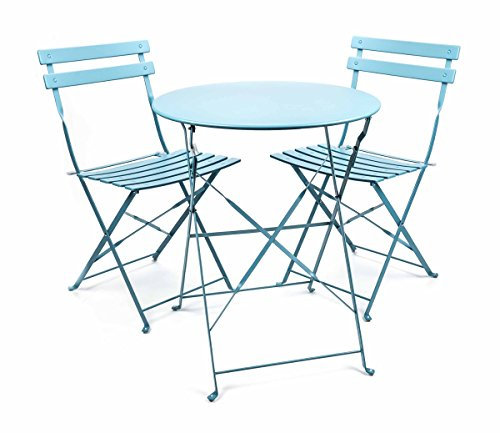 Bubble-Store 3tlg. Bistrogarnitur Metall, Klapptisch Ø 60 cm 2X Klappstühle, Retro-Design, für innen und außen (Blau)