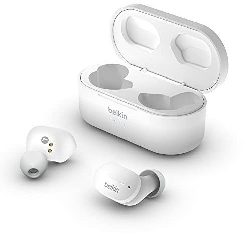 Belkin SoundForm True Wireless In-Ear-Kopfhörer (Bluetooth-Ohrhörer für iPhone, Geräte von Samsung und Google, Touchbedienung, Ladecase, 24 Std. Abspielzeit, Geräuschisolierung, schweißfest) – Weiß