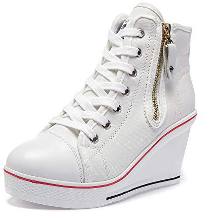 Mujer Cuñas Zapatos 35-43 EU De Lona High-Top Tacón 7 CM Zapatos Casuales Talla Grande Zapatillas de Cuña para Mujer Zapatillas de Deporte Zapatillas Altas Primavera/Verano Tacón Cuña Blanco,EU39
