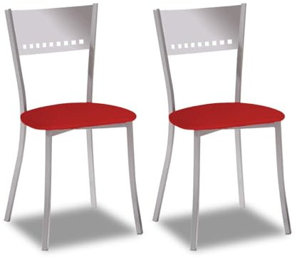 2 Sillas metálicas con respaldo de escalera y asiento tapizado - Estructura color aluminio - Asiento en Polipiel rojo