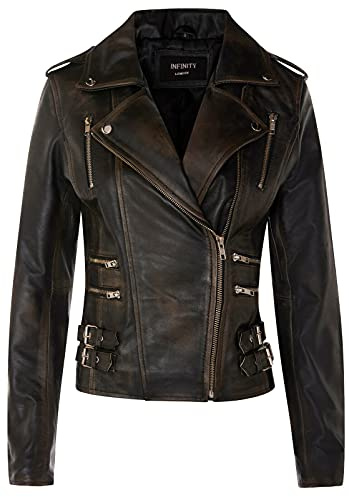 Infinity Leather Giacca da Moto Nero Strofinare Via retrò in Pelle 100% Nappa da Donna M