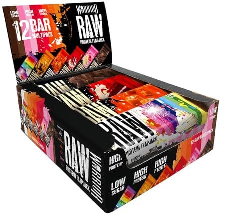 Warrior Raw Protein Bars – 12 x 75g Oat Bar Flapjacks – High Fibre, Low Sugar – Ideal Meal Replacement or Healthy Nutrition Energy Snacks – HFSS/GMP Certified – UK Made (Variety Box)