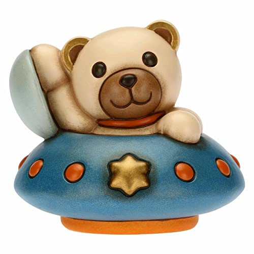 THUN - Teddy Astronauta su Navicella, Versione Media - Living, Icone, Bomboniere Battesimo - Ceramica Dipinta a Mano - 4,4x4,4x7 cm h