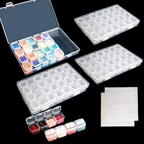 Kulannder 4 Pack Embroidery Box, 112 Grids Clear Diamond Painting Boxes Storage, 5D Diamond Painting Accessories Storage Box with 224 Pieces Craft Label Marker Sticker for DIY Art Craft