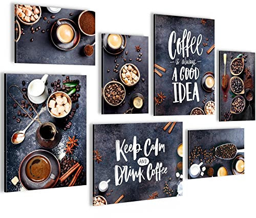 Novart Wandbilder Kaffee Küche Coffee - KOMPLETT AUFHÄNGFERTIG - Blau Braun Esszimmer Küchenbilder - 7 Moderne Mood-Bilder - N007271a