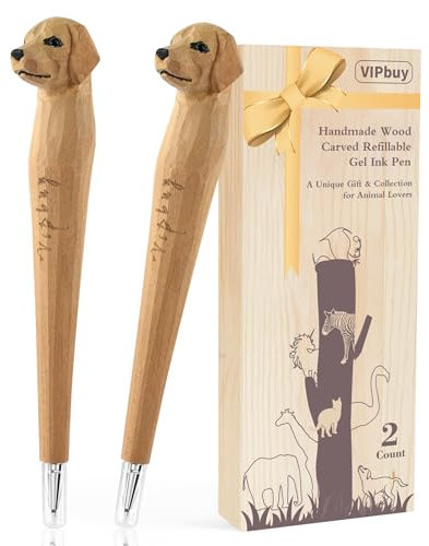 VIPbuy 2 Count 100% handgemachte Holz geschnitzte Gel-Tintenstifte - Neuheit nachfüllbare Schreibstifte Büro Schulbedarf Geburtstag (Labrador Retriever)