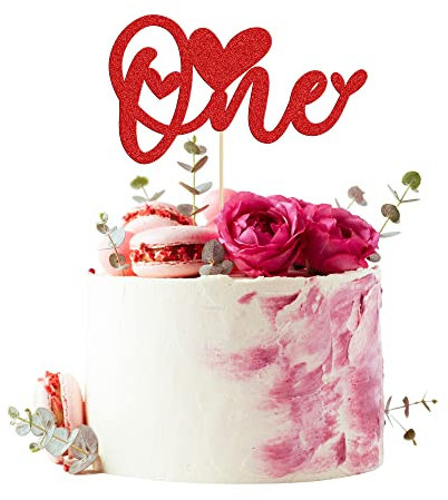 1Pcs One Cake Topper with Glitter Love Heart 1st Valentine's Day Baby Shower Cake Picks Valentine's Day Theme Wedding Baby Shower Kids 1st Birthday Party Cake Decorations Supplies Red