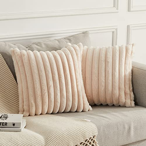 Joyouth 2er Set Doppelseitige Plüsch Samt Kissenbezüge Weiche Künstliche Pelz Kissenbezüge Dekorativ für Couch Sofa Schlafzimmer Wohnzimmer Zuhause 50x50 cm Beige