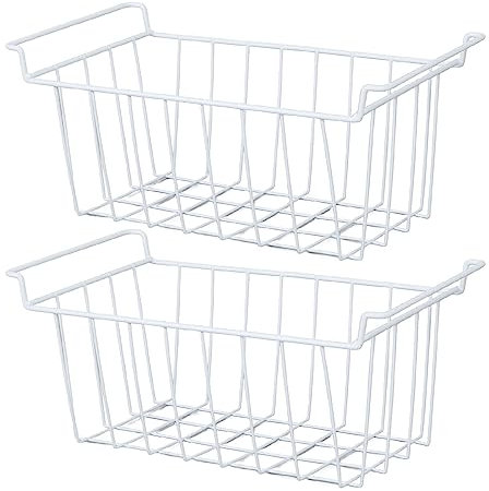 2Pcs Freezer Wire Storage Baskets, Hanging Metal Refrigerator Storage Rack Bins Freezer Organizer with Handles, Chest Freezer Organization for Kitchen Pantry Bathroom (L 44.5cm X W 24.5cm X H 20cm)