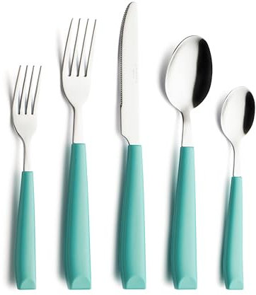Annova Stainless Steel Cutlery Set with Color Handles - Dinner Forks, Salad Forks, Table Knives, Tablespoons, Teaspoons - Service for 4 (Turquoise)