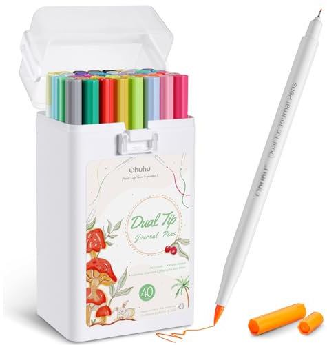 Ohuhu Feutres Coloriage, 40 Stylos Aquarelle Brush Pen Marqueurs à base d'Eau pour Adultes Livres de Coloriage Journal Planner Dessin Calligraphie Manga, Pointe Pinceau et Pointe Fine