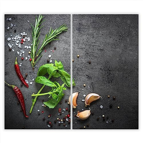 SMTDeco Herdabdeckplatte 2×30×52 cm – ESG gehärtetes Glas, kratzfest & rutschfest – Spritzschutz & Schneidebrett – für Induktion/Ceranfeld – 2-teilig, Motiv Zweiteilig Kräuter Grau