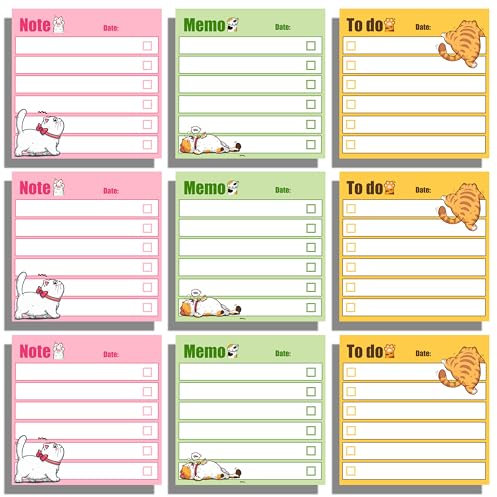 9 Blöcke niedliche Katze Memo Notizblöcke, Adeerus Süß Sticky Notes Haftnotizen mit Linien, Todo-Liste Linierte Haftnotizzettel, Klebezettel für Katzenliebhaber Geschenk, Lehrer Büro Schulbedarf