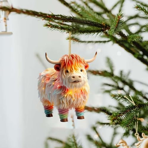 Cartoon Kuh Dekorative Acryl Bunte Hohes Land Kuh Weihnachtsbaum Ornamente Weihnachtsdeko Niedlicher Weihnachtskuh Hängende Deko Auto Anhänger Weihnachtsschmuck Christbaumschmuck (C, 8cm)