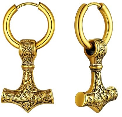 OIDEA Viking Thor Hammer Earrings for Men - Gothic Amulet Mjolnir Earring Vintage Stainless Steel Mens Earrings Huggie Hoop Dangle Drop Earring Jewelry Gift for Men Women, Gold