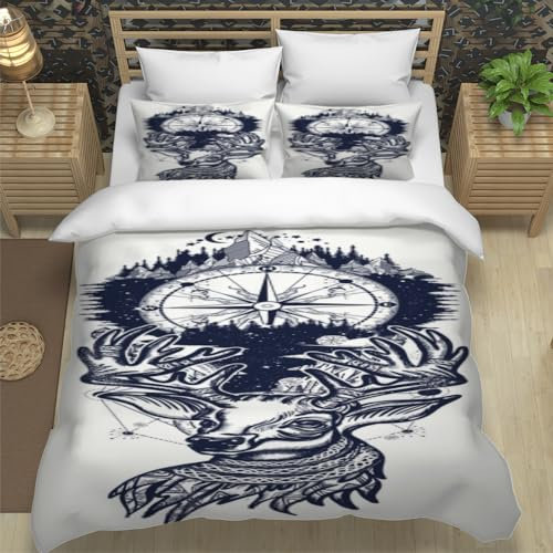 WIKINGER Bettwäsche 135x200 cm 4teilig Jungen 100% Mikrofaser Sommer Weiche Winter Warm Kinder Bettbezüge mit Reißverschluss 3D Elch Bettbezug mit 2 Kissenbezüge 80x80 cm