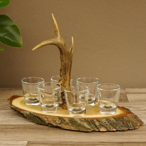 GTK - Geweihe & Trophäen KRUMHOLZ Schnaps Anbieter Akazieschild mit Rehstange Griff und 6 Stück Gläser klar (ohne Motiv)