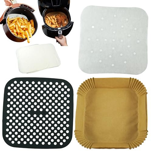 Lot de 92 doublures carrées pour friteuse à air comprimé - Feuilles de cuisson jetables avec revêtement en silicone - Papier sulfurisé marron pour friteuse à air comprimé