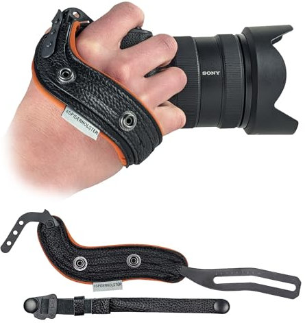 Spider Holster - SpiderPro Camera Hand Strap v2 with Snap Assembly and Optional Wrist Strap – DSLR and Mirrorless Compatible (Black Leather + Orange Trim)