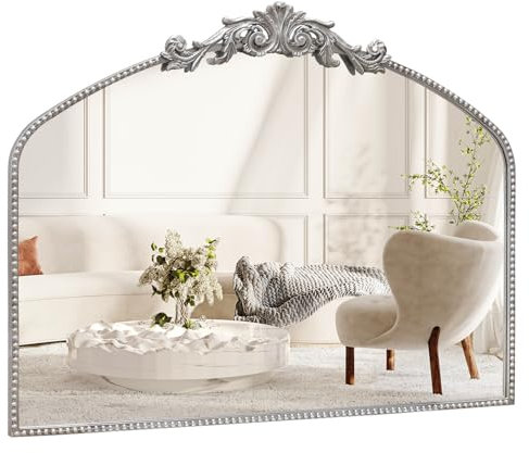 CASOLLY Wandspiegel, antiker silberfarbener Bogen, 101,6 x 78,7 cm, Vintage-Kaminspiegel mit kunstvollem Metallrahmen, Barock-viktorianischer Spiegel für Kamin/Eingang/Badezimmer/Wohnzimmer/Flur