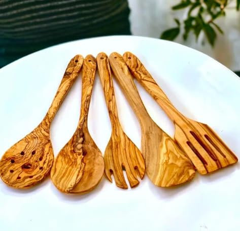 Olive Wood Cooking Kitchen Wooden Utensil Set | Rice Cooking Spoon | Spoon | Spatula | Fork | Spatula with Slits (Set of 5 with Hanger)