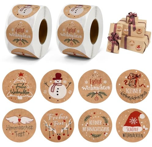 LIMITADA 1000 Stück Aufkleber Weihnachten Weihnachtssticker Kraftpapier Weihnachtsaufkleber auf Rolle Selbstklebender Aufkleber Rund Geschenkaufkleber Zum Beschriften Frohe Weihnachten Sticker