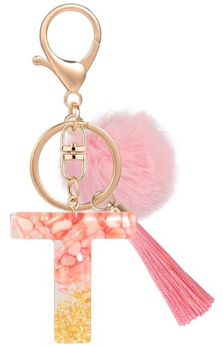 MWOOT Nom Lettre initiale T Porte-clés, Rose Porte-clés pour Femme, Charmes en Résine Pour Clé Porte Clef Voiture Décor Sac à main
