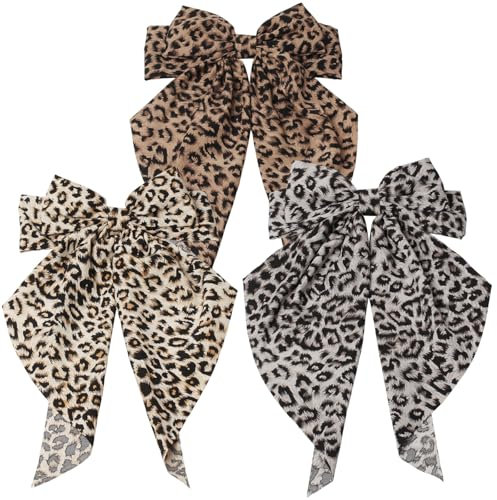 Lazo grande con estampado de leopardo, pinzas para el pelo, estilo francés, pasadores de lazo grande, moño de resorte, pinzas para el pelo con cola larga para mujer, paquete de 3 unidades
