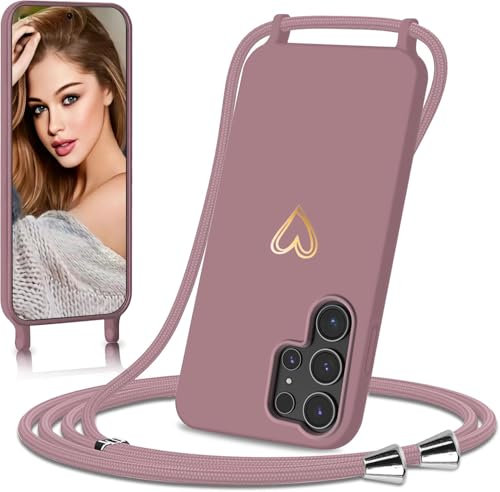 Eherui handyband für Samsung Galaxy S24 Ultra Hülle mit Band,Design Gold Herz,Dünn Stoßfeste SchutzHülle,mit Abnehmbar Kordel zum Umhängen Liquid Silikon Case Handyhülle für Samsung S24 Ultra,Rosa