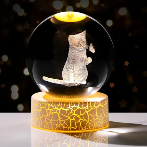Arikyrist 3.15 3D Cat and Butterfly Crystal Ball with LED Warm Light Stand, Cat Themed Collectible Ornaments Gifts for Women Girls Friends Mum