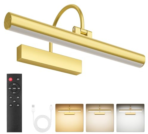 Bridika Picture Light for Wall with Remote, Rechargeable Battery Operated Picture Light, 3 Color Modes and Dimmable Classic Art Lights for Paintings, Gallery, Bedroom, Bathroom with Timer Gold 1