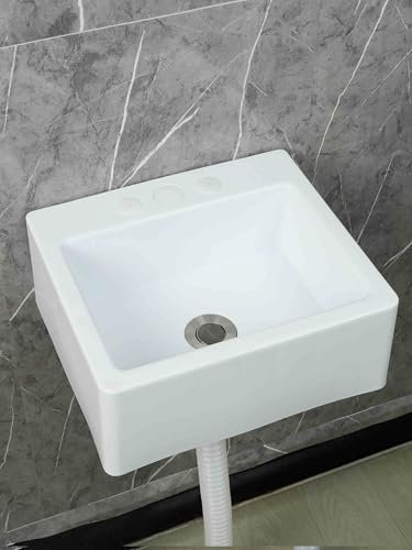 XRB2050 Lavabo Mural en Résine, 33.5x29x13cm/13x11.4x5inch Lavabo Carrée à Suspendre au Mur, Lavabo Suspendu avec Bonde pour la Salle de Bain et Les Toilettes Blanc 75cm kit de drainage