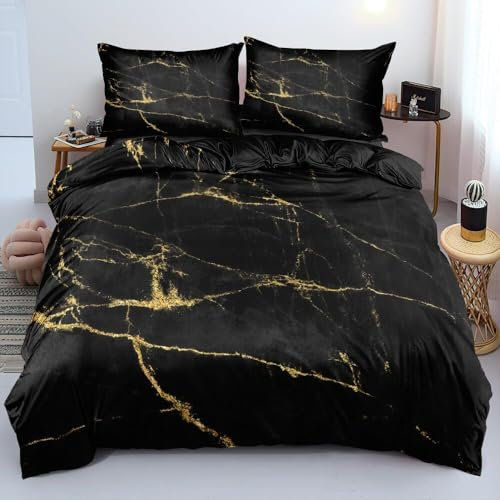 Luowei Bettwäsche 135x200cm Schwarz Golden Textur Marmor BettwäSche Set 3D Drucken Mikrofaser Bettbezug und 1 Kissenbezug 80x80cm mit Reißverschluss