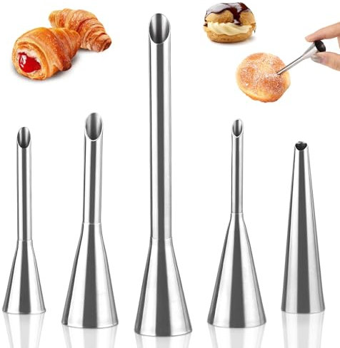 NLONLL 5 Pcs Cream Icing Piping Nozzles Long Puff Nozzles Tips Cream Filling Tubes Cupcake Filler Nozzle Puff Decorating Tool Kit for Cupcakes, Cakes, Donuts, Cookies, Pastries