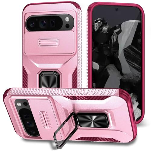 xinyunew Cover Compatibile con Google Pixel 9 Pro XL,Custodia Antiurto,con 360°Rotante Anello Supporto TPU+PC Cover per Google Pixel 9 Pro XL - rosa