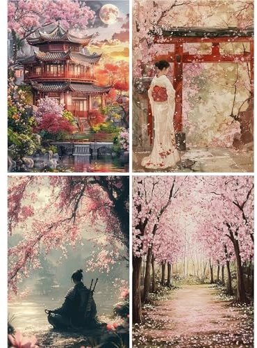 GLIDIAM 4er Set Diamond Painting Japanische Landschaft, Diamant Malerei Bilder Kirschblüten, 30x40cm DIY Full Drill Basteln Erwachsene, Mosaik Stickerei Kreuzstich Geschenk für Wanddeko Wohnzimmer