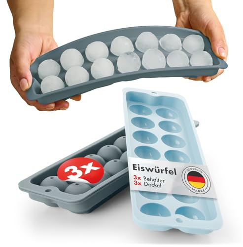 Blumtal Eiswürfelformen Silikon 3er Set - 14er Eiswürfelform mit Deckel - BPA-freie Silikon Eiskugelform - Silikonform Eiswürfel rund - Ice Ball Maker - Graublau + Graublau + Hellblau