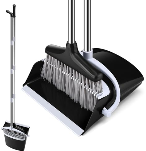 Tatxmalv Set Scopa e Paletta di Alta Qualità, Kit di Pulizia in Acciaio Inox, Lunghezza Regolabile Scopa, Paletta Richiudibile con Denti di Pettine, per Rimuovere Polvere, Capelli e Detriti (Nero)