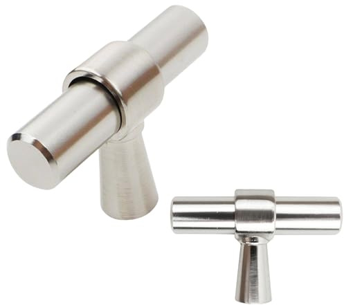 keypak 10 Pack Satin Nickel Smooth Kitchen Cupboard Handles 50mm Knob | Aluminium T-Bar Pulls for Cabinet, Wardrobe Doors, Chest of Drawers