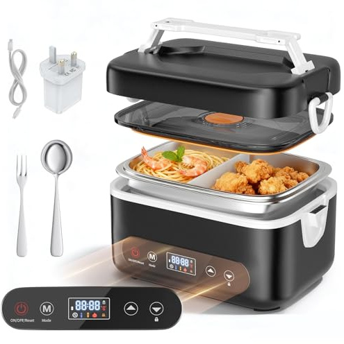 Ovshnrr Electric Lunch Box, 1.2L Intelligent Heated Lunch Box for Adults with Touch Screen, Fast Heating Portable Food Warmer with Stainless Steel Tableware and Insulated Bag for Car, Office, Picnic