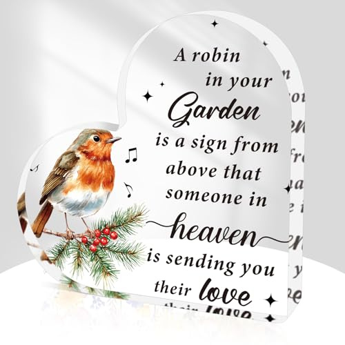 Robin Memorial Acrylic Keepsake Gifts - Robin Sympathy Bereavement Gifts Acrylic Heart Plaque for Loss of Mum Dad Husband Grandpa Grandma Friend Wife Spouse for Birthday Christmas Home Decorations