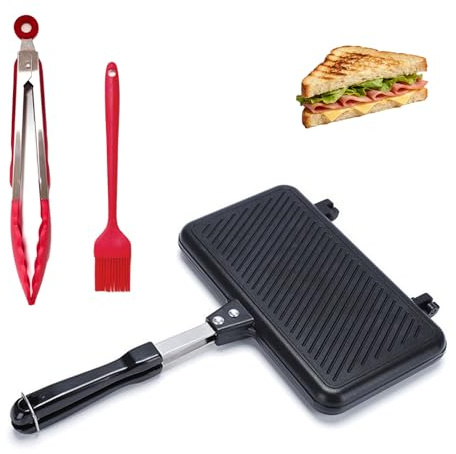Sandwichmaker, Doppelseitig Bratpfanne Toastpfanne mit Hitzebeständigem Griff, Waffeleisen Klapptoaster mit 1 Küchenzange aus Edelstahl und 1 Silikonpinsel, Schwarz Sandwich Maker für Küche Frühstück
