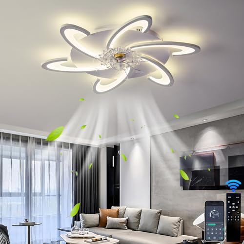 Lámpara de techo con ventilador, estilo nórdico ultrafino de madera, ventilador cerrado, luces LED invisibles, empotrada, para sala de estar, 3 colores, velocidades, silenciosa, tipo candelabro.