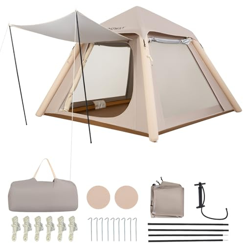COSTWAY Aufblasbares Campingzelt für 2-4 Personen, Luftzelt mit abnehmbarem Vordach, Meshfenster & 2 Türen, Kuppelzelt Sonnenschutz mit Luftpumpe, Familienzelt für Wandern, 230 x 230 x 163 cm