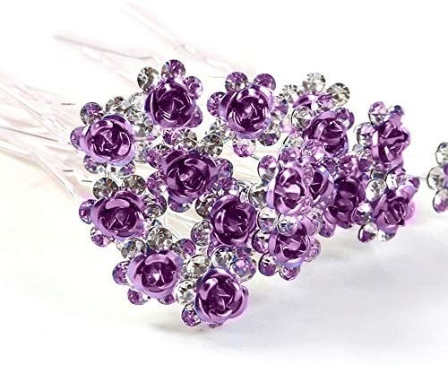 WedDecor 20pcs Lilac Purple Wedding Hair Pins with Crystal Rose Flower Design & Rhinestone Diamante Silver Plated Bridal Hair Clips Accessories for Women Wedding & Girls Bridesmaids Prom