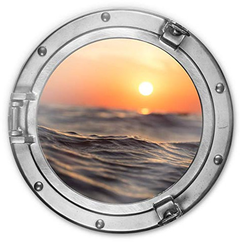 Glasbild rund 3D-Optik Bullauge Sonnenuntergang Meer Wasser Wellen romantisch Ø30cm Glasposter