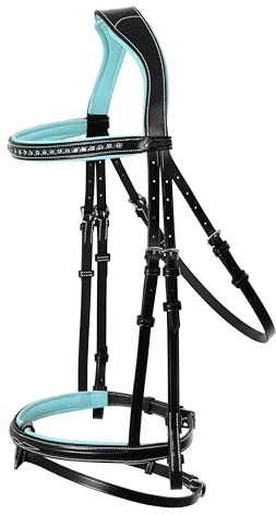 ExionPro Exion Anatomical English Horse Bridle with Blue Crystal Bling Browband- Baby Blue Padded Jumping Bridle with Flash Noseband & Rubber Reins- Comfort Crown - Black or Havana Brown - Full