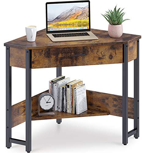 ODK Corner Desk With Large Drawer & Storage Shelves - Triangle Computer Vanity Writing Desk for Workstation