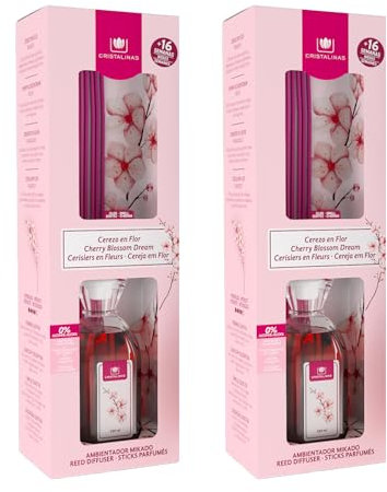 CRISTALINAS. Ambientador Mikado Clásico. Difusor con Varillas de ratán. Formula sin Alcohol. Máxima duración, más de 16 semanas. 180ml de Capacidad. Aroma Cerezo en Flor (2x180ml)